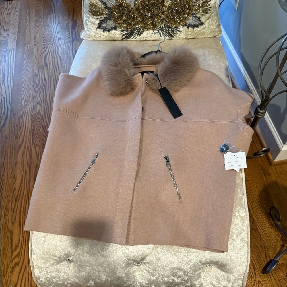 Dolce Cabo Tan Sweater Cardigan with Fur Collar NWT